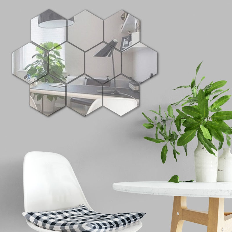 12pcs Self Adhesive Reflective Hexagon Shape Mirror